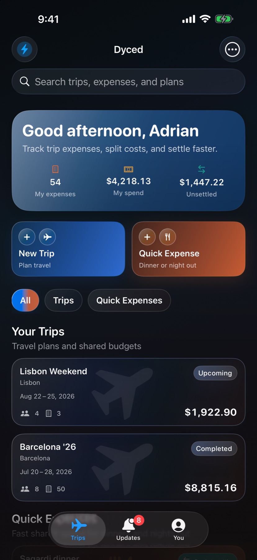 Dyced home screen showing shared trips, expenses, and unsettled balances