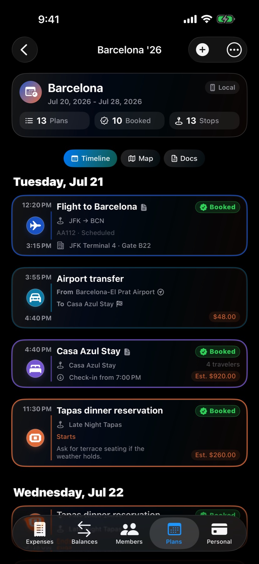 Dyced itinerary showing a day of flights, transport, hotel, and dinner plans