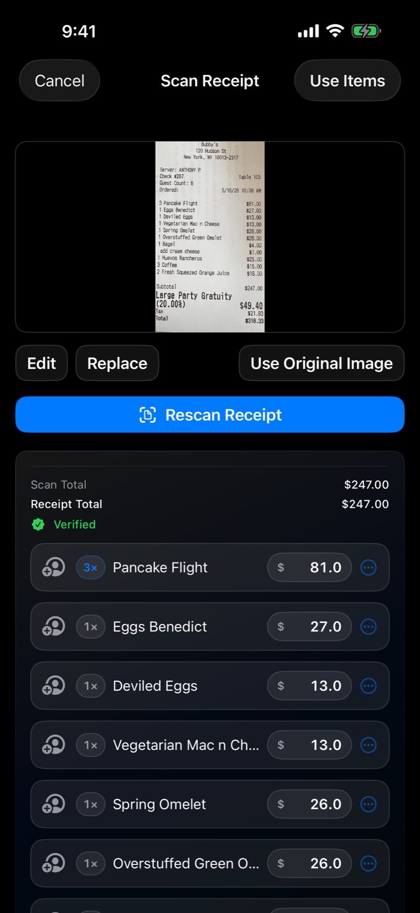 Dyced receipt scanner extracting and verifying individual receipt items