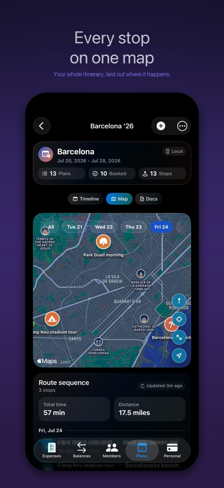 Dyced trip map showing planned stops across Barcelona