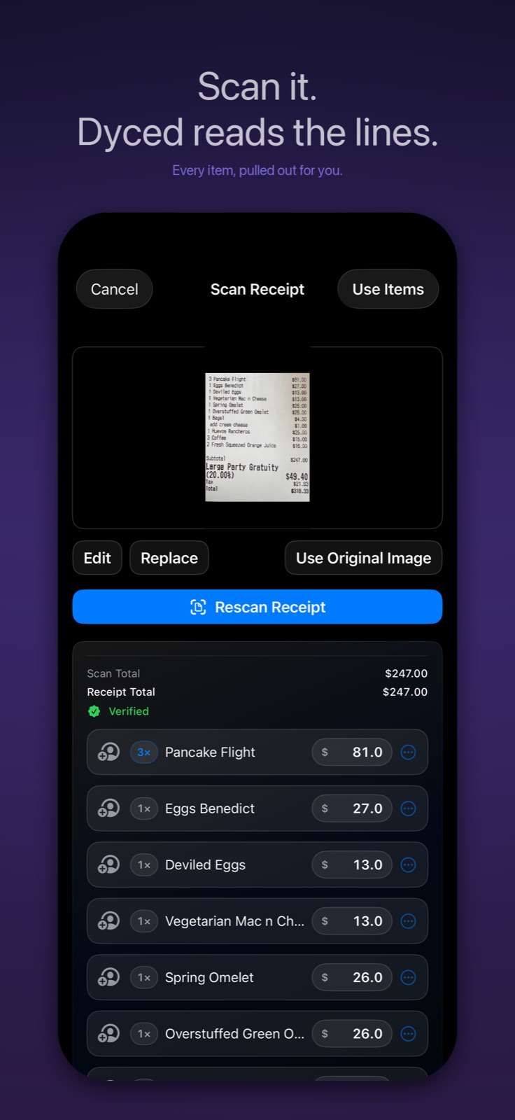Dyced receipt scanner with verified line items