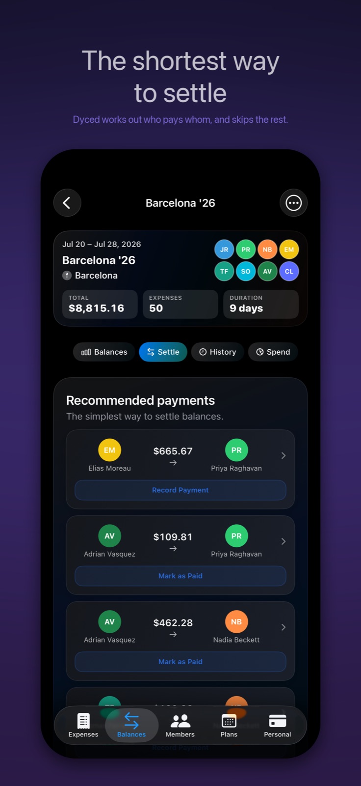 Dyced settlement screen showing the shortest set of payments
